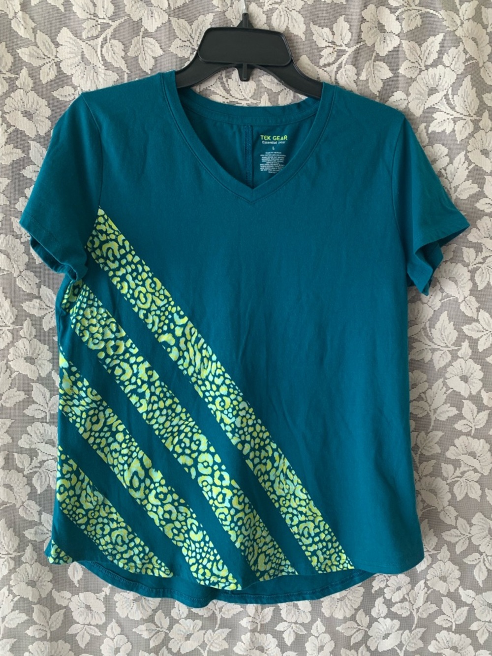 tek gear Teal V-Neck Tee with Lime Diagonal Print